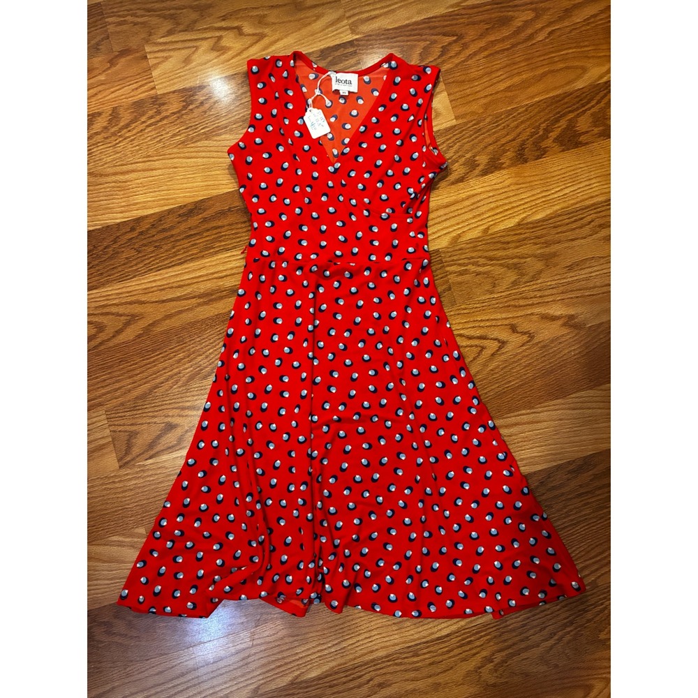 Leota All-Day Faux Wrap Midi Dress Retro Polka Dot Sleeveless XS Red